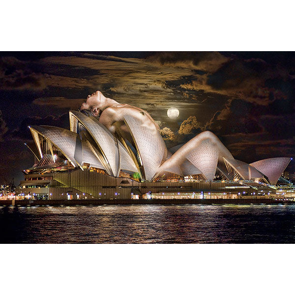 Photography print of nude model posing on Opera house. Danish artist Bjorn Hansen, delivering prints Australia wide online.